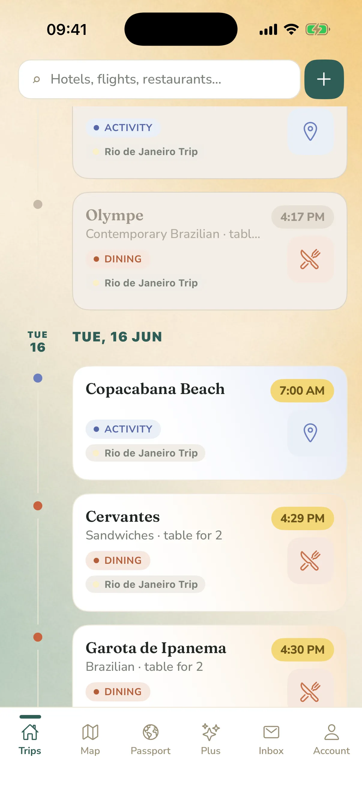 Hopway timeline screen showing a trip's bookings in order